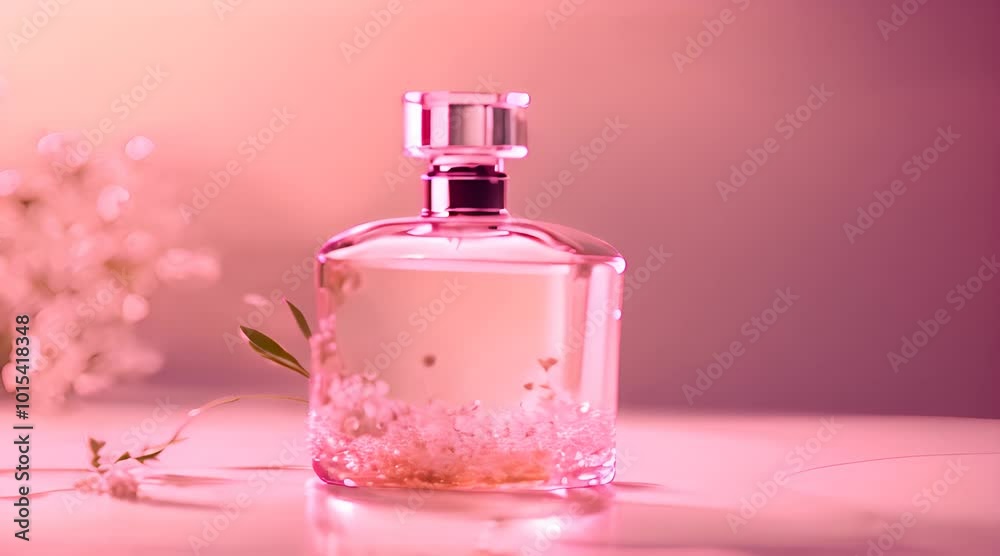 Glass perfume bottle and gypsophila flowers in pink water background Floral arrangement splashes and drops of water 4k animation Glass perfume bottle and gypsophila flowers in pink water background Floral arrangement splashes and drops of water 4k animation