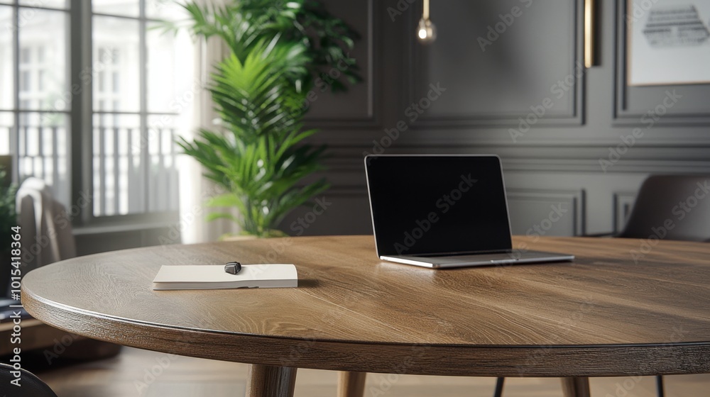 Fototapeta premium A round, wooden table in a modern home office, with a laptop, a notepad, and a plant in the background.