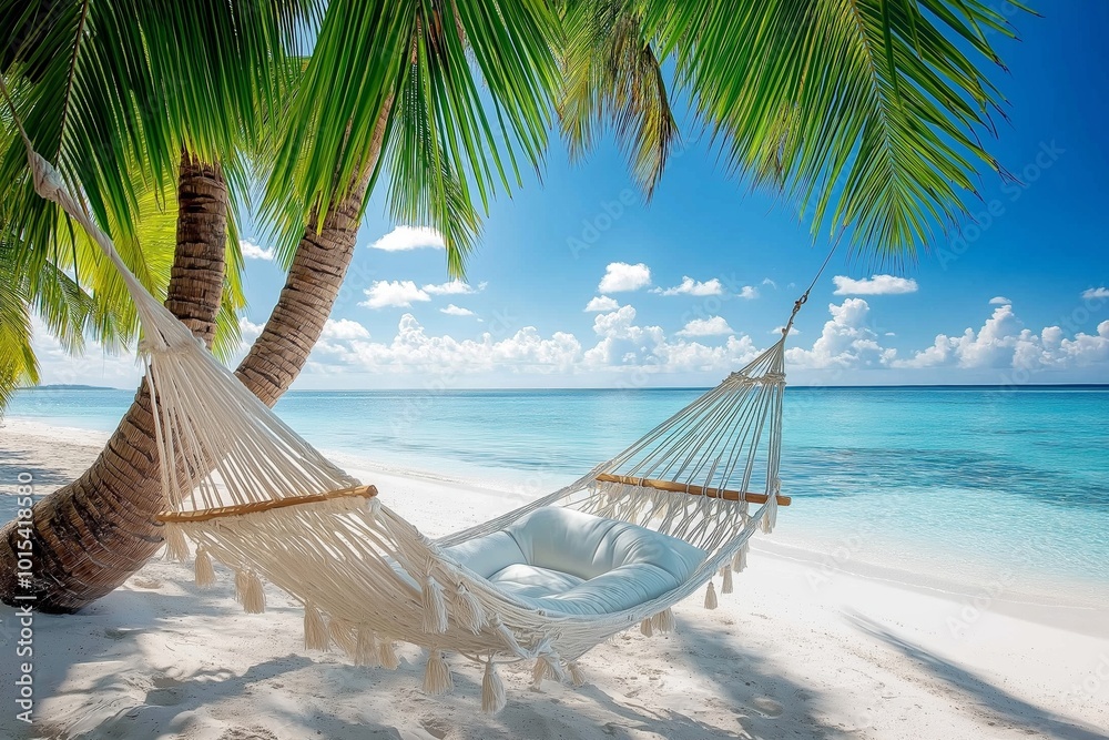 Fototapeta premium A white hammock is hanging between two palm trees on a beach. The hammock is empty and the beach is calm and peaceful