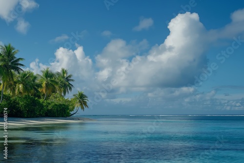 A beautiful blue ocean with a few palm trees in the background. The sky is cloudy, but the water is still calm