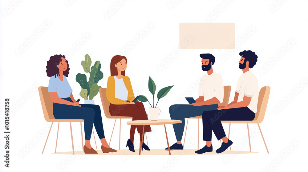 Fototapeta premium A diverse group is seated in a counseling session, with one person deep in thought, appearing withdrawn, while the others lean forward, offering their support. The therapist gently