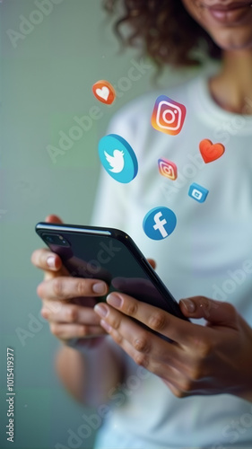 A young woman engages with her smartphone, surrounded by floating social media icons. For digital marketing, social media campaigns, or technology blogs, showcasing modern connectivity