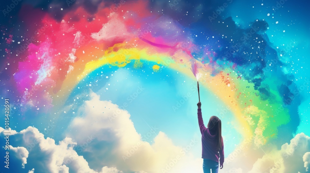 A girl reaches up, painting a stunning rainbow against a night sky filled with stars. The ethereal scene combines the magic of the cosmos with vibrant colors, evoking wonder and limitless