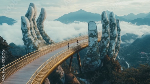 A scenic view of the Golden Bridge in Da Nang, held by two giant stone hands, with mist rolling over the mountains.