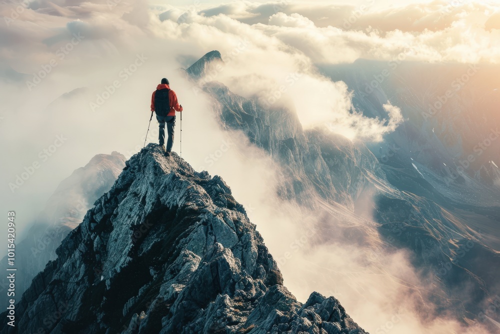A man in an orange jacket stands on a snow-covered mountain peak, generative ai image A man in an orange jacket stands on a snow-covered mountain peak, generative ai image