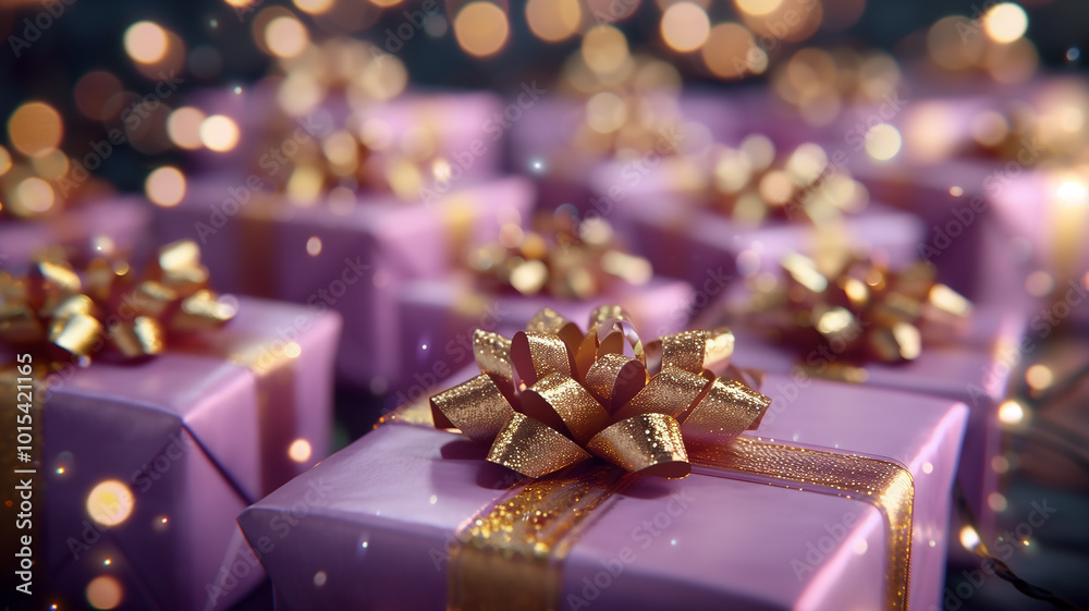 Close-up of Luxury Festive Purple Gift with Gold Bow Close-up of Luxury Festive Purple Gift with Gold Bow