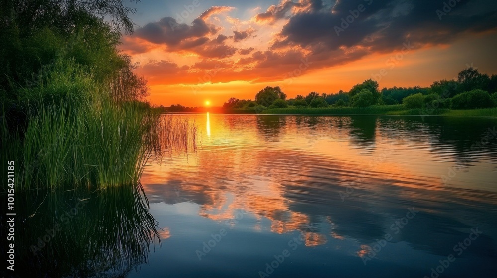 A serene lake scene at sunset, with the sky reflecting orange hues onto the water surface, creating a peaceful mood. A serene lake scene at sunset, with the sky reflecting orange hues onto the water surface, creating a peaceful mood.