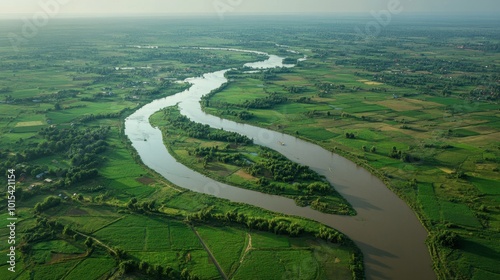 A scenic view of the Red River Delta, with fertile fields and winding waterways stretching toward the horizon. photo