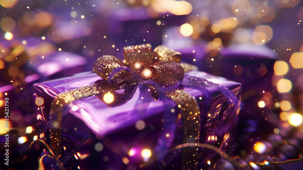 Close-up of Luxury Festive Purple Gift with Gold Bow Close-up of Luxury Festive Purple Gift with Gold Bow