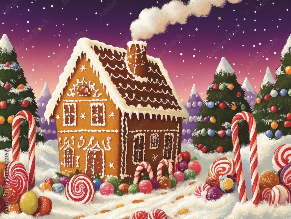 Enchanting Gingerbread House with Candy Canes and Lollipops in Magical Snowy Landscape Under a Starlit Purple Sky Enchanting Gingerbread House with Candy Canes and Lollipops in Magical Snowy Landscape Under a Starlit Purple Sky