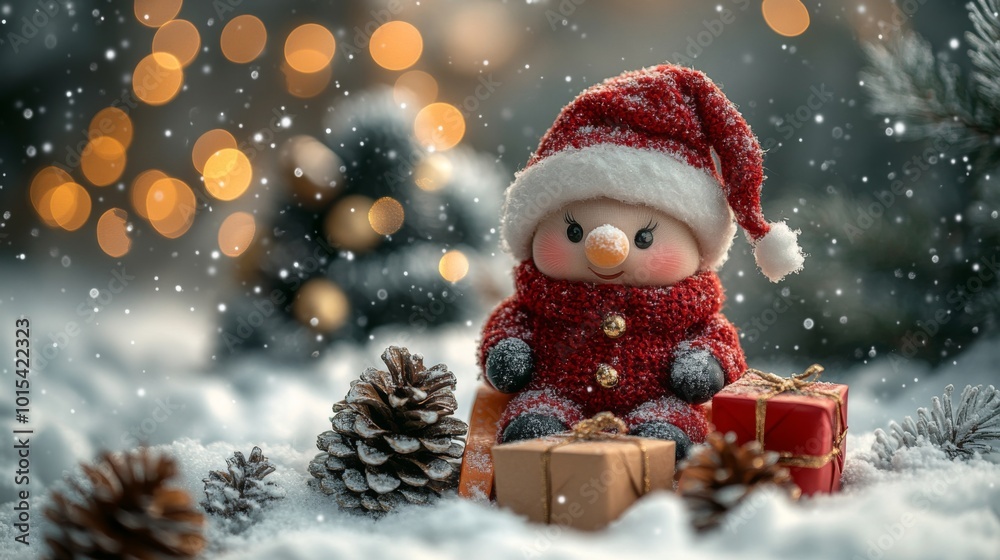 Christmas card with snowman and gift boxes on bokeh background. Christmas greeting card. Festive decoration on bokeh background. New Year concept. Copy space.