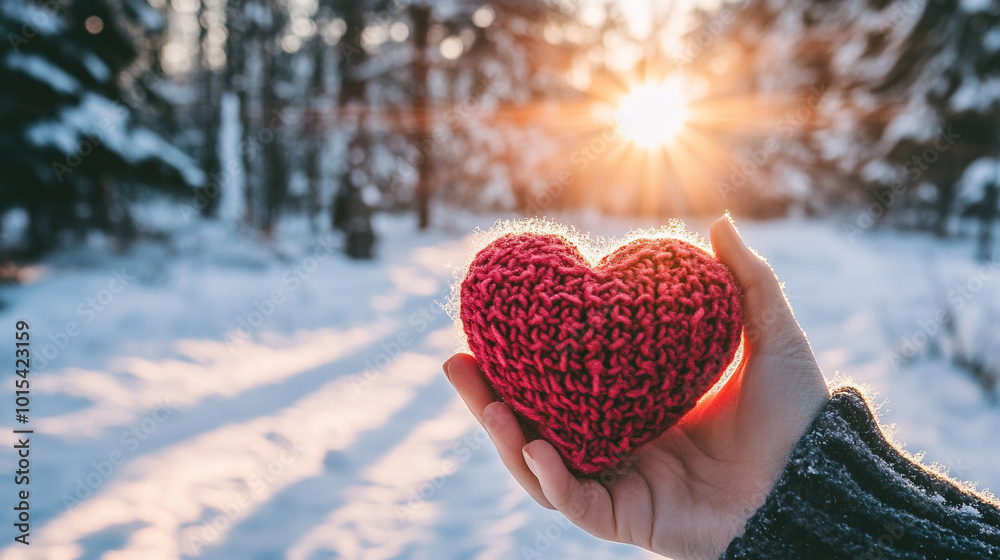 pair of hands holds a knitted red heart against a snowy backdrop, symbolizing warmth and love amidst the cold, inviting feelings of compassion, connection, and comfort during winter
