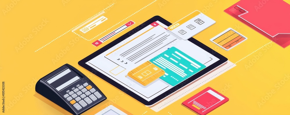 Modern digital payment concept with tablet, card reader, and credit card on a vibrant yellow background. Modern digital payment concept with tablet, card reader, and credit card on a vibrant yellow background.