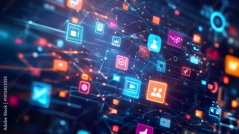 An abstract representation of digital marketing strategies, featuring interconnected social media icons and data flow patterns against a futuristic backdrop 32k, An abstract representation of digital marketing strategies, featuring interconnected social media icons and data flow patterns against a futuristic backdrop 32k,
