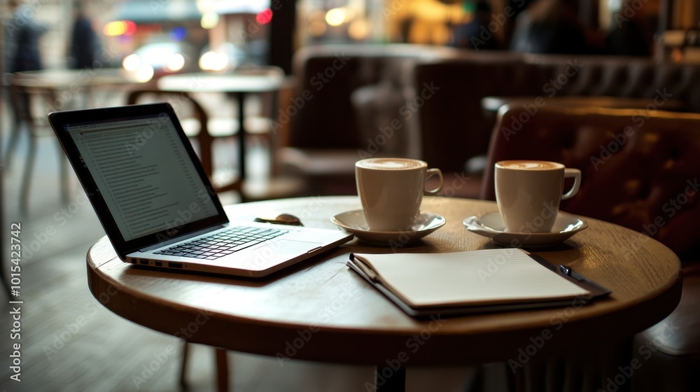 A small round table in a caf , with two cups of coffee, a laptop, and an open notebook, ready for a work session. A small round table in a caf , with two cups of coffee, a laptop, and an open notebook, ready for a work session.