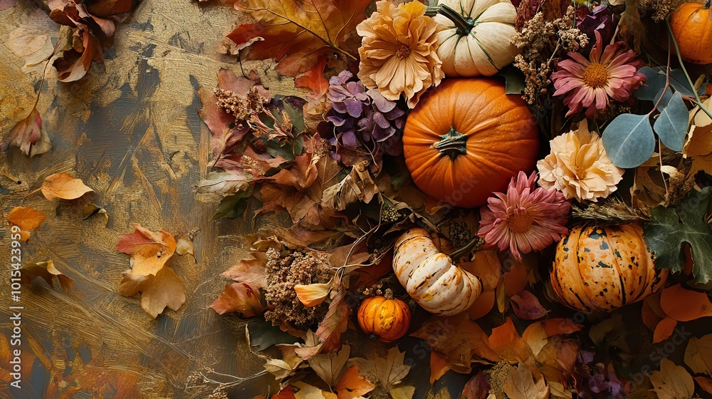 Autumn Composition Featuring Dried Leaves, Pumpkins, and Flowers Autumn Composition Featuring Dried Leaves, Pumpkins, and Flowers