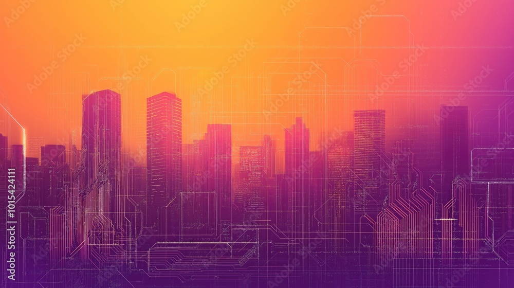 A vibrant gradient background featuring purple and orange hues with a digital cityscape design.