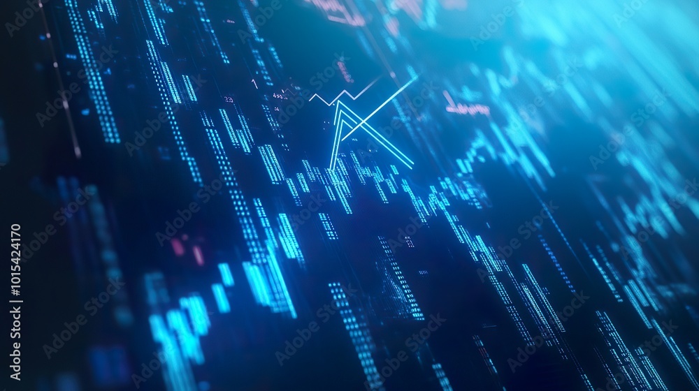 Digital financial data charts and a progress arrow pointing upward, floating over a detailed blue tech Digital financial data charts and a progress arrow pointing upward, floating over a detailed blue tech