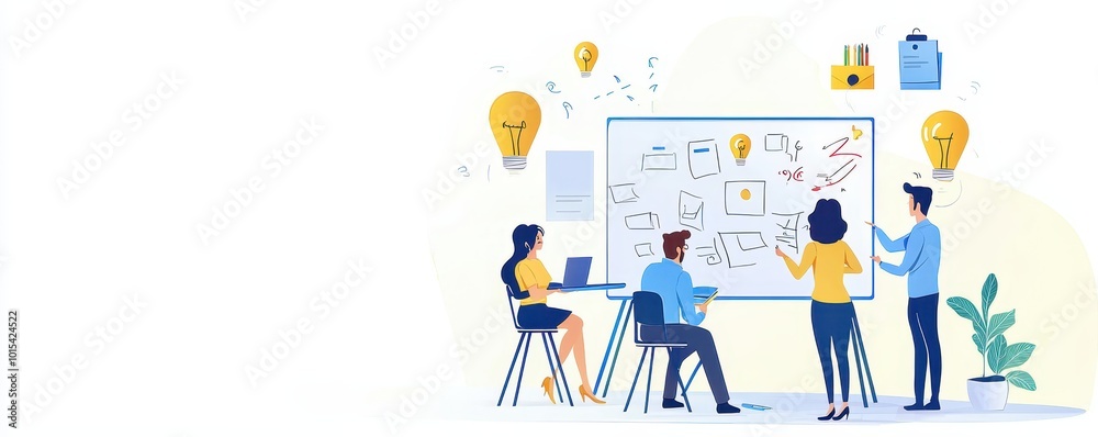 Team collaborating on a project in a modern office setting, brainstorming ideas with a whiteboard and laptops. Team collaborating on a project in a modern office setting, brainstorming ideas with a whiteboard and laptops.