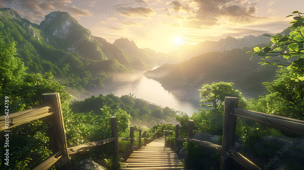 Fototapeta premium a scenic landscape with a wooden pathway leading towards a viewpoint overlooking a lake surrounded by lush green hills and mountains