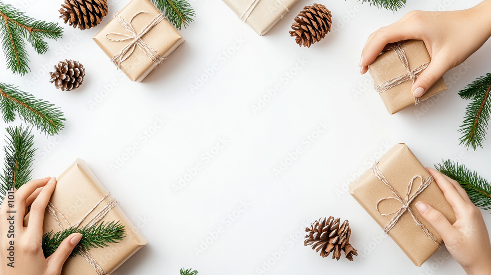 Obraz premium Hands carefully wrapping Christmas gifts with eco-friendly paper and twine, symbolizing sustainability, mindfulness, and conscious gifting. The warm atmosphere reflects holiday spirit and environmenta