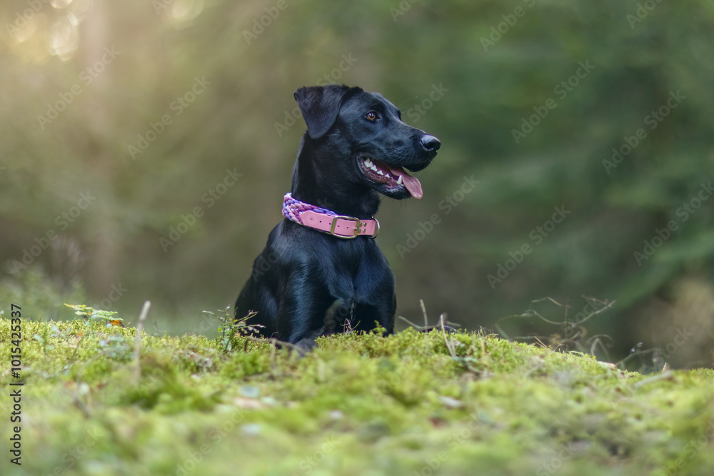 A female black labrador x malinois crossbreed dog posing in a forest outdoors A female black labrador x malinois crossbreed dog posing in a forest outdoors