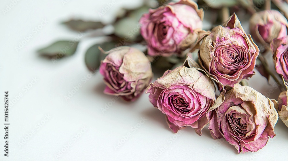 A table with pink roses and green foliage on a white background A table with pink roses and green foliage on a white background