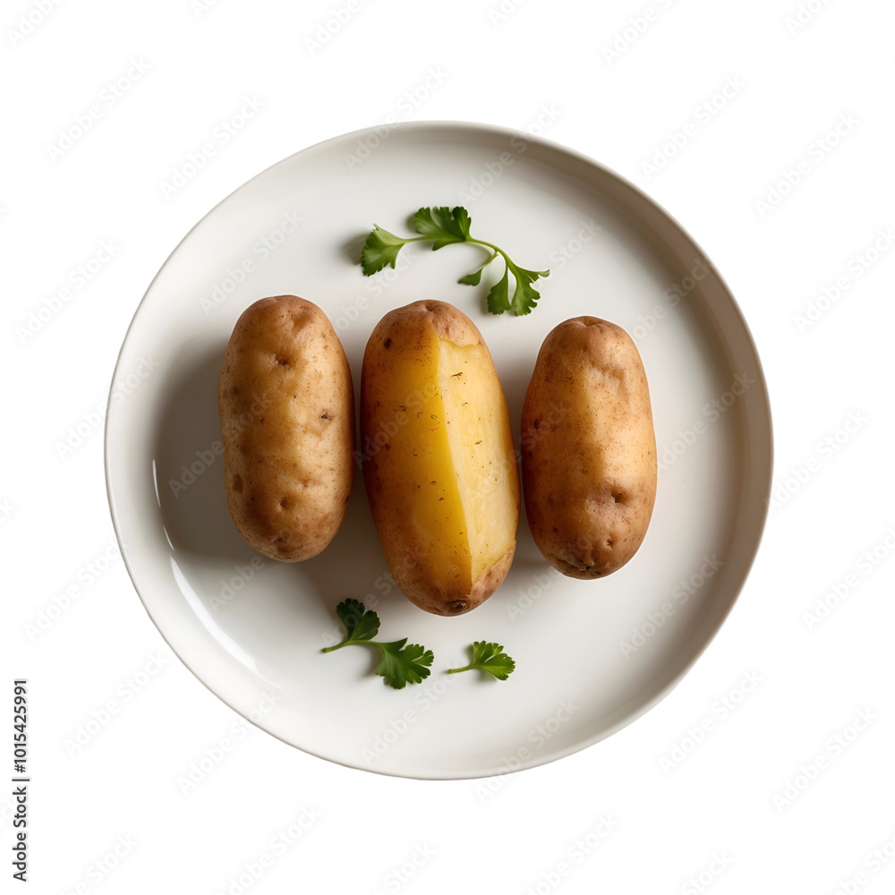 Fresh potatoes on white plate, showcasing their natural textures and colors, garnished with cilantro for touch of freshness Fresh potatoes on white plate, showcasing their natural textures and colors, garnished with cilantro for touch of freshness