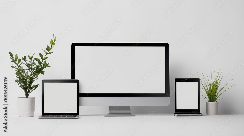 Modern workspace setup with desktop computer, tablet, and smartphone on a white desk, complemented by green plants and a clean background. Modern workspace setup with desktop computer, tablet, and smartphone on a white desk, complemented by green plants and a clean background.