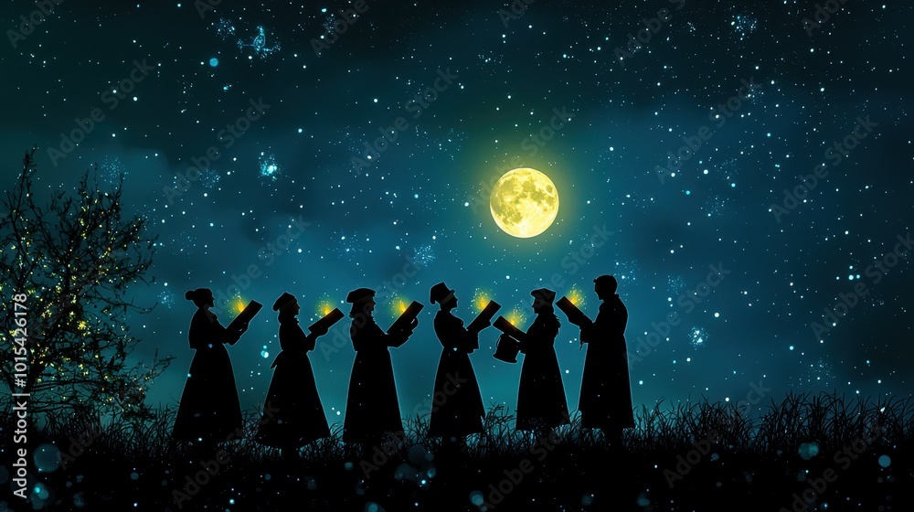 Silhouettes singing under a moonlit sky with stars. A serene and magical scene showcasing unity, music, and night beauty.