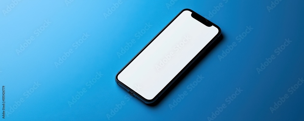 Modern smartphone with blank screen on blue background. High-tech mobile device for apps and communication. Minimalistic technology concept. Modern smartphone with blank screen on blue background. High-tech mobile device for apps and communication. Minimalistic technology concept.