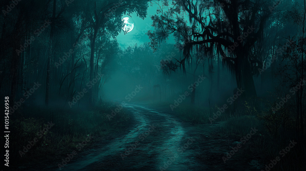 Dark Mysterious Forest Path at Night with Moonlight Dark Mysterious Forest Path at Night with Moonlight