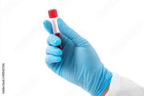 Healthcare professional holds a blood sample in a test tube while wearing blue gloves in a lab environment during daylight hours