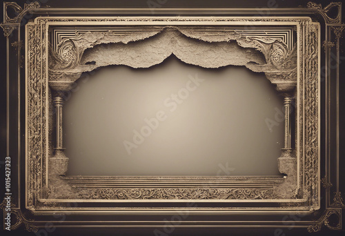 Silent cinema film end, movie screen with retro ornamental border frame noir film