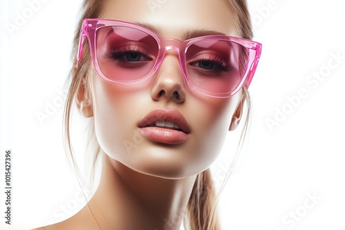 A young woman poses confidently wearing bold pink sunglasses against a bright white background, showcasing modern fashion trends