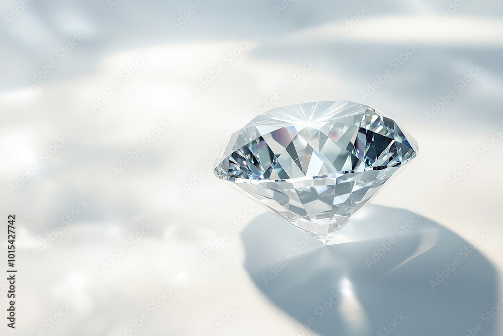 A sparkling diamond reflecting light, highlighting its brilliance and clarity on a soft, blurred surface in natural sunlight A sparkling diamond reflecting light, highlighting its brilliance and clarity on a soft, blurred surface in natural sunlight