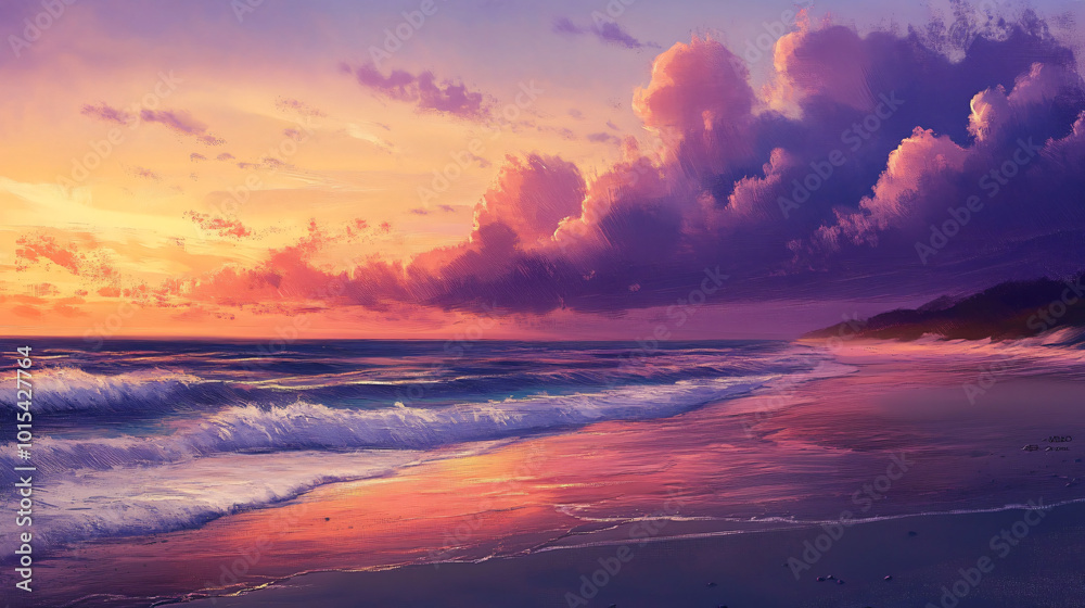 An untouched beach at dawn, with soft waves and a colorful sky. An untouched beach at dawn, with soft waves and a colorful sky.
