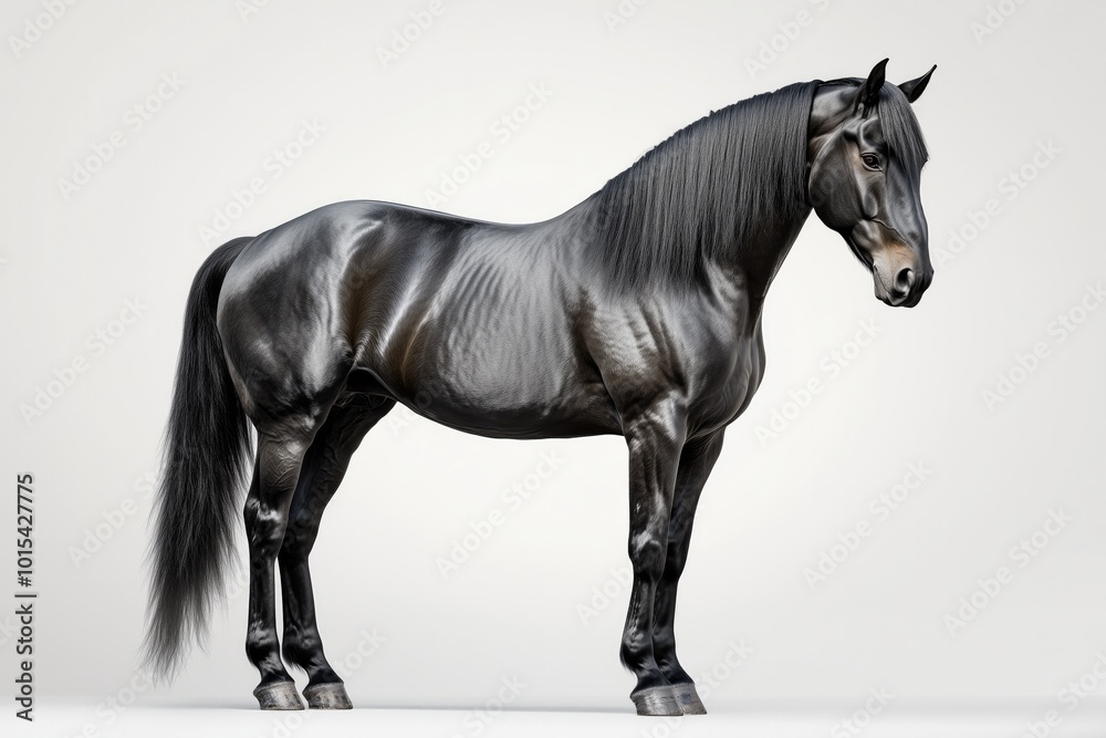 Obraz premium A stunning black horse stands majestically in a well-lit studio, showcasing its sleek coat and muscular physique in perfect detail