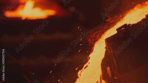 Flows of molten metal at metallurgical plant. Stock footage. Bright molten metal flows in stream in factory. Metal melts of metals move in streams photo