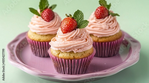  Three cupcakes adorned in pink frosting and strawberries perch on a purple plate against a lush green backdrop
