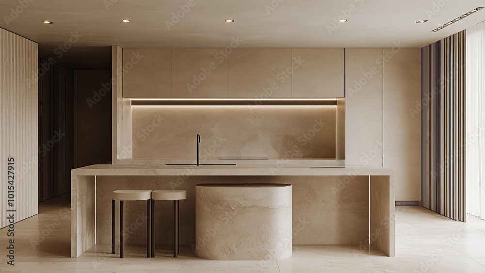 Modern minimalist kitchen with sleek countertops and soft lighting in a contemporary home setting Modern minimalist kitchen with sleek countertops and soft lighting in a contemporary home setting
