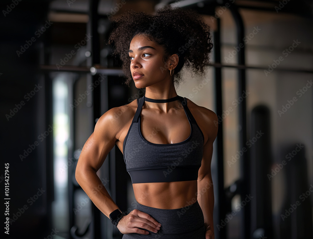 A fit woman in a gym, standing confidently in athletic wear. Her toned physique reflects strength and focus, as she looks off into the distance with determination and purpose. Fitness influencer