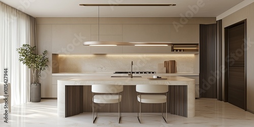 Modern kitchen interior design featuring a sleek island, minimalist cabinetry, and warm ambient lighting in a contemporary home