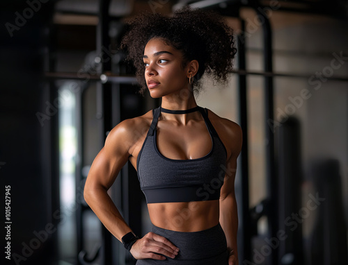 Obraz na płótnie A fit woman in a gym, standing confidently in athletic wear. Her toned physique reflects strength and focus, as she looks off into the distance with determination and purpose. Fitness influencer w salonie