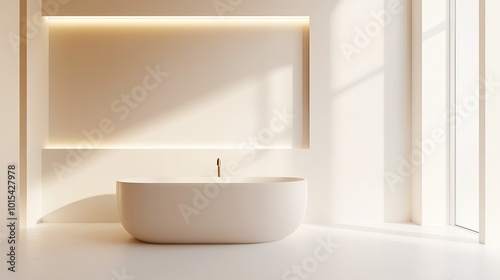 A modern bathroom interior featuring a freestanding tub, warm lighting, and large windows filled with natural light during the day