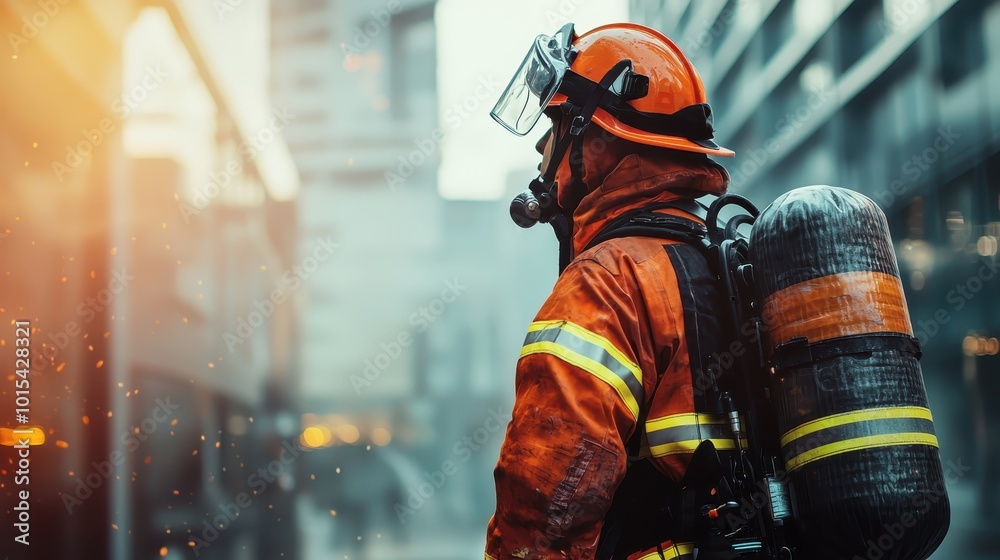 Firefighter in full gear standing in city street, ready for action. Protective helmet, oxygen tank, and reflective safety suit. Firefighter in full gear standing in city street, ready for action. Protective helmet, oxygen tank, and reflective safety suit.
