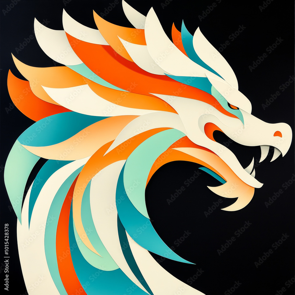 A colorful paper cut-out dragon with a fierce expression against a black background. A colorful paper cut-out dragon with a fierce expression against a black background.