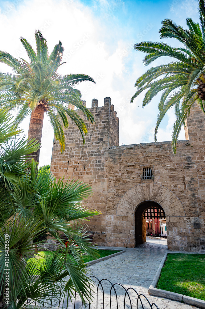Alcudia, Mallorca Porta del Moll with palm trees in front with sunbeam, vertical shot, majorca Alcudia, Mallorca Porta del Moll with palm trees in front with sunbeam, vertical shot, majorca