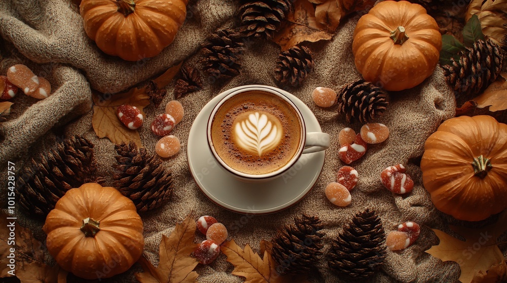 Cozy fall corner with pumpkins, sweaters, and hot chocolate on rustic wood