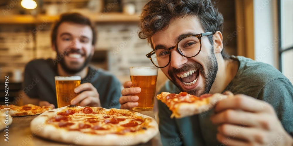 Two men are enjoying a pizza and beer in a cozy setting. They are both smiling and laughing, creating a warm and friendly atmosphere Two men are enjoying a pizza and beer in a cozy setting. They are both smiling and laughing, creating a warm and friendly atmosphere